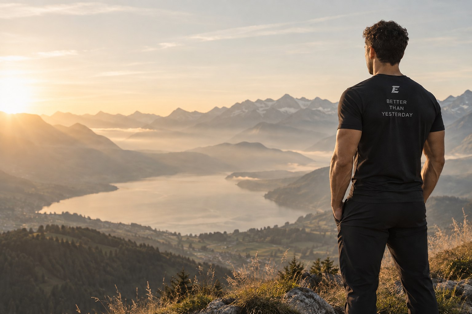 Trainer blickt im Morgenlicht auf eine Berglandschaft