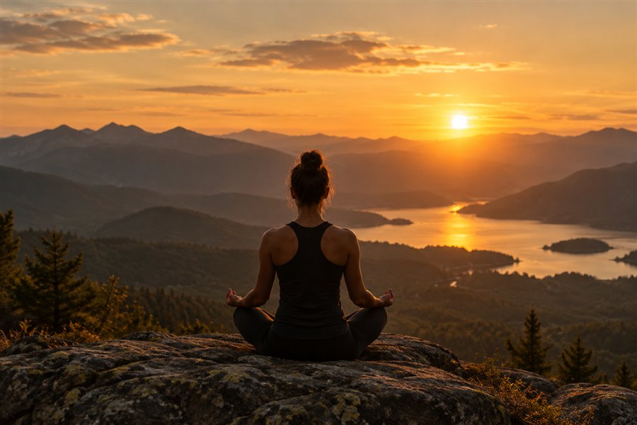 Meditation mit Blick auf die Berge im Abendlicht