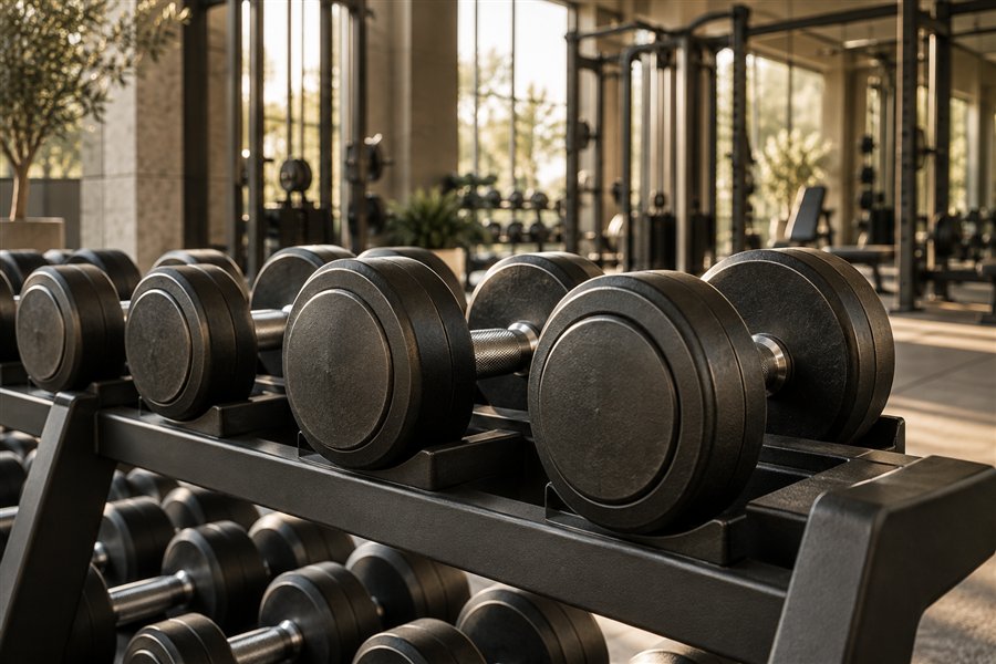 Hanteln im lichtdurchfluteten Fitnessstudio