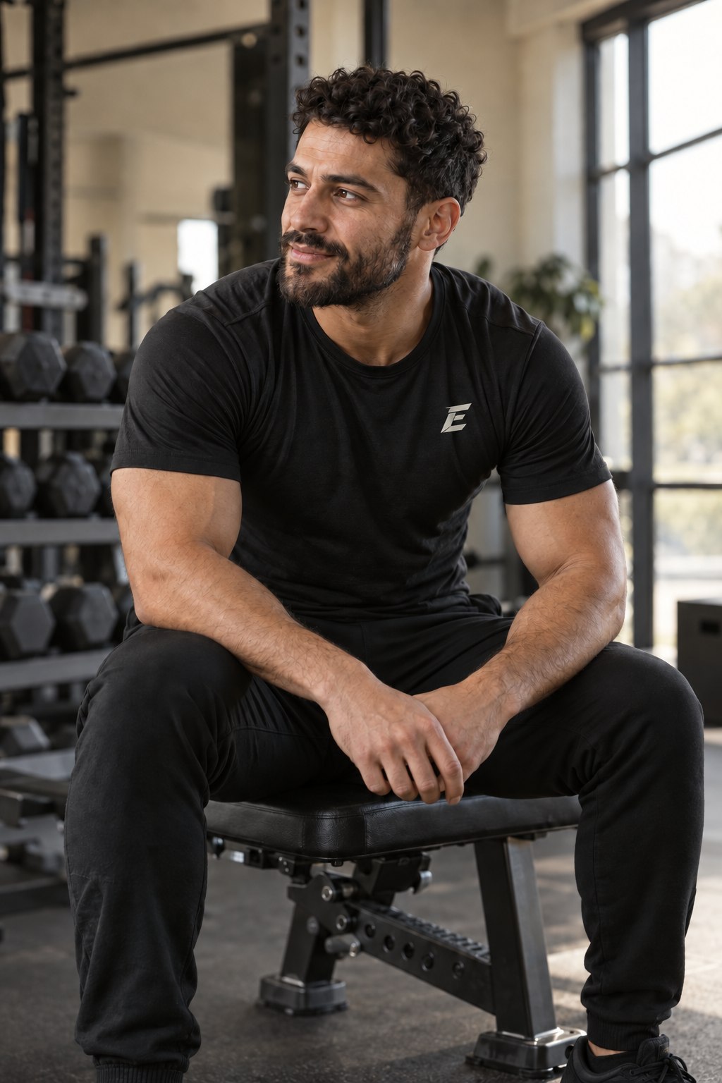 KI-generiertes Trainermotiv: Sportler auf einer Bank im Fitnessstudio